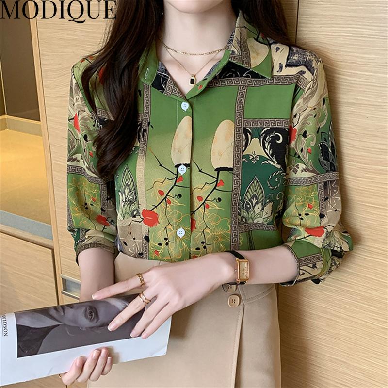 MODIQUE весна лето большие размеры женские свободные элегантные хлопковые шелковые блузки с цветочным принтом рубашки женские модные пальто оверсайз с v-образным вырезом и длинными рукавами