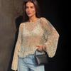 Women Sequins Pullover Hollow Out Knit Top Loose O-neck Long Sleeve Sweater Sweet Sexy Glitter Lady Shirts Spring Sumer