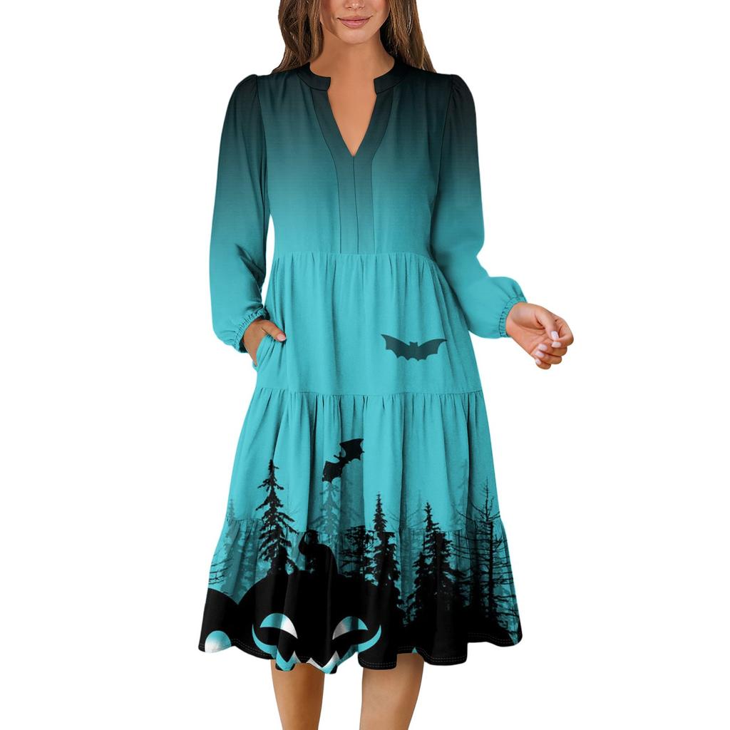 Women's V-Neck Flowing Layered Bohemian Long Sleeve Halloween Print Dress