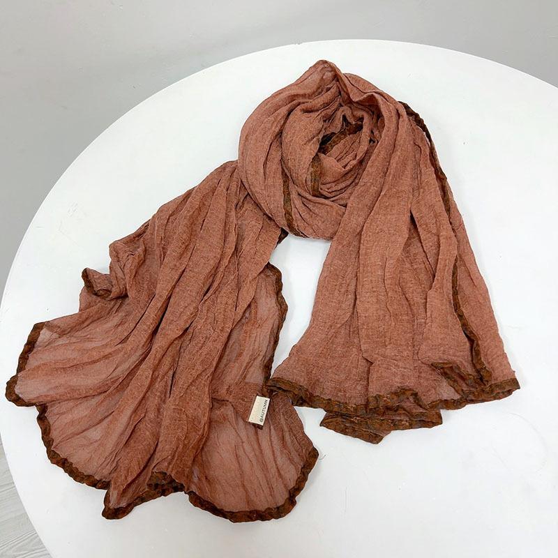Vintage Cotton Linen Feeling Warm Scarf Solid Color Warm Shawl with Floral Brim Korean Versatile Pleated Autumn and Winter Scarf