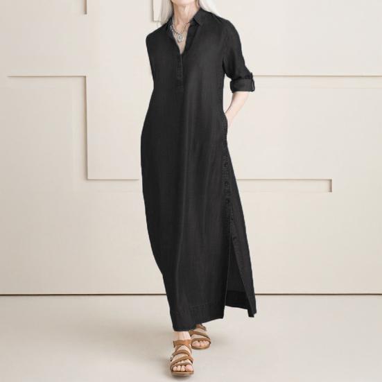 Женское джинсовое платье макси, повседневное платье с рукавами-подворотами и карманами, длинное платье больших размеров с пуговицами на лацканах и V-образным вырезом