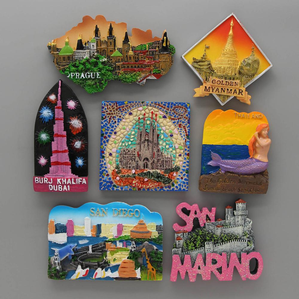 Fridge Magnets Barcelona Mosaic Burj Khalifa Dubai Golden Myanmar Prague San Diego San Marino Thai Mermaid Home Decoration Gifts