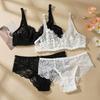 Women's Hollow Non-Padded Underwire Bra Sets 2PCS Sexy Ultra-Thin Lace Push Up Bra Panty Set for Women