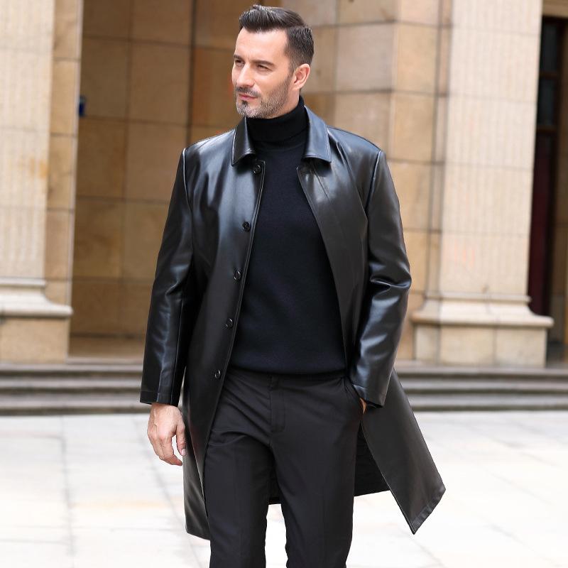 Мужская кожаная ветровка средней длины, кожаные пальто для среднего и пожилого возраста, деловые повседневные мужские кожаные пальто с лацканами