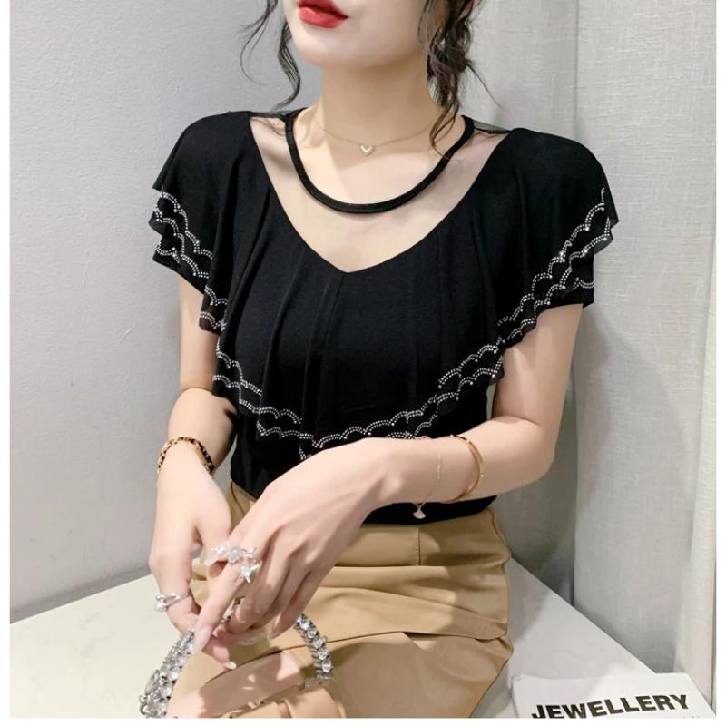 Новая Шикарная Летняя Элегантная Женская Футболка Одежда Сексуальная Роскошная Блестящая с Бриллиантами Топы с Короткими Рукавами Рюши Сетка Футболки Блузки