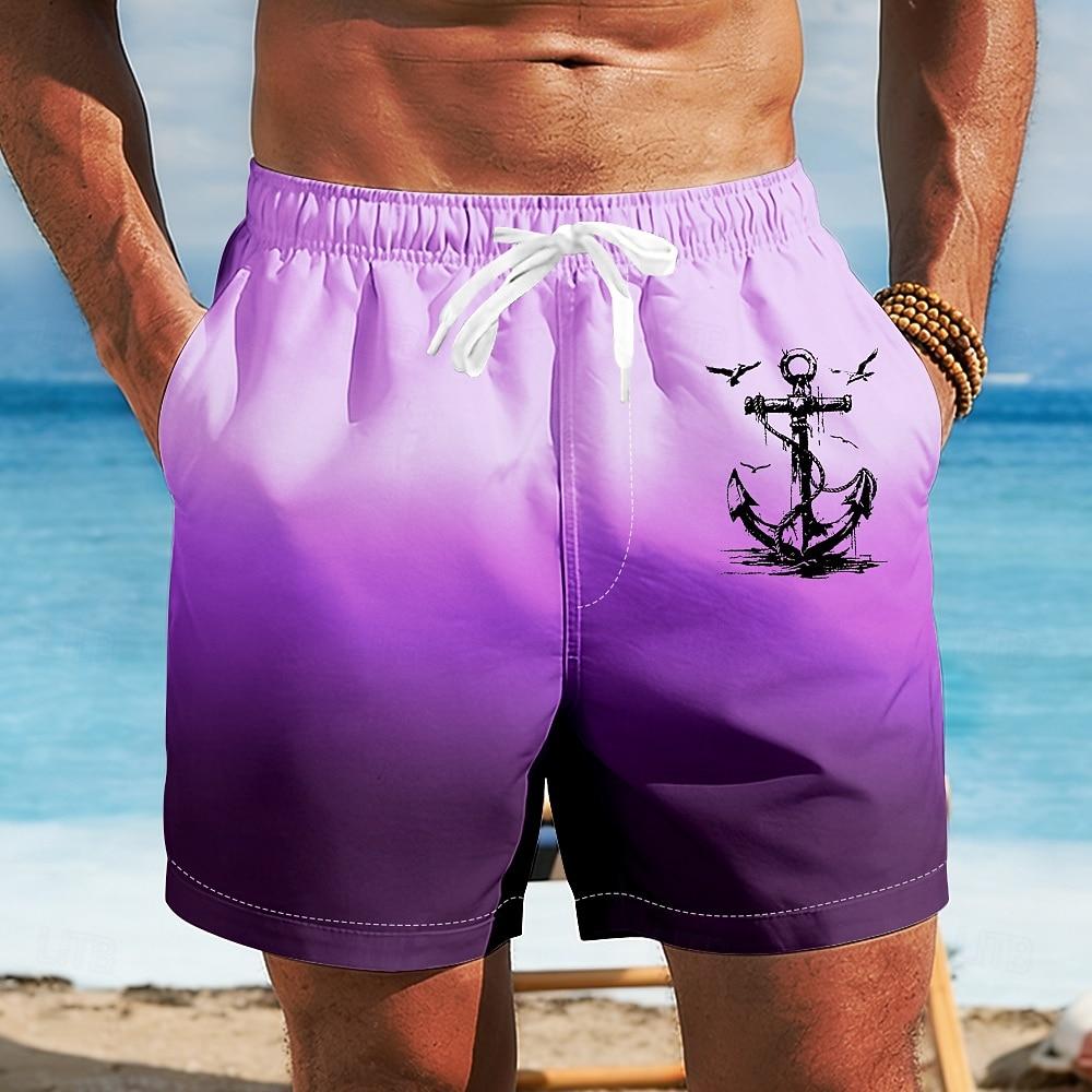 Мужские Морские Якорь Градиентный Цвет Плавки Купальные Шорты Board Shorts Средняя Посадка Гавайские Пляжный Отдых
