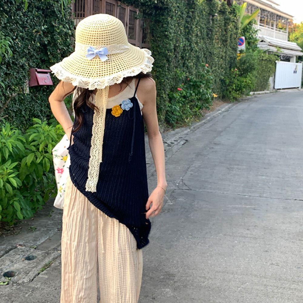 French Style Lace Bucket Hat Sweet Women's Sun Hat Sunscreen Bow Ribbon Straw Hat Girls