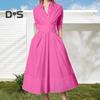 Women Solid Color Mid Rise Shirt Dress V Neck Long Sleeve Belt Buttons Half Placket Pockets Loose Hem Midi Dress Workwear