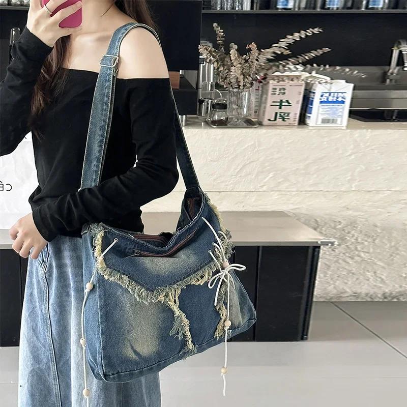 Washed Denim Women Shoulder Bag Large Capacity Student Zipper Messager Handbags