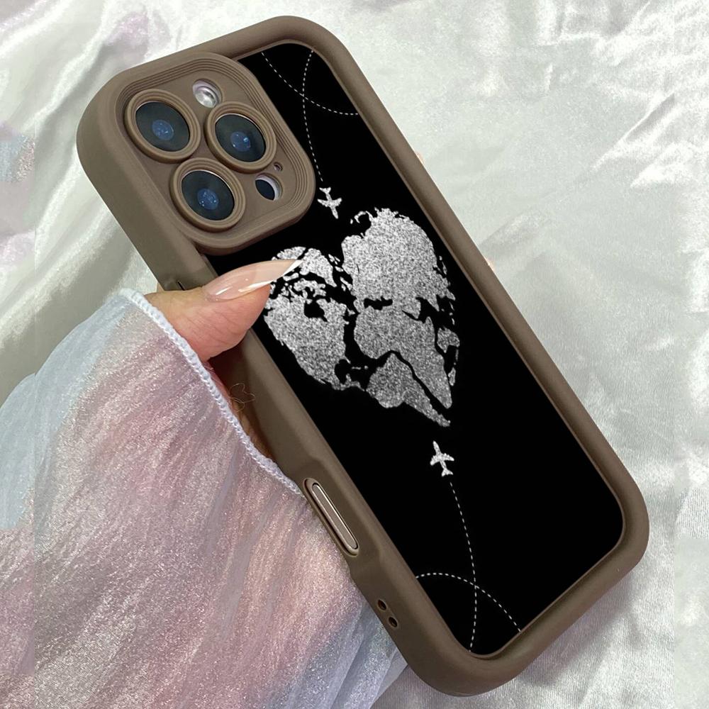 JT571 Бело-черная карта мира в форме сердца для iPhone 17 16 15 14 13 12 Pro Max Samsung S26 S25 Ultra A17 A07 A56 A16 A15 Xiaomi 15T Redmi 15c 14C Мягкий чехол
