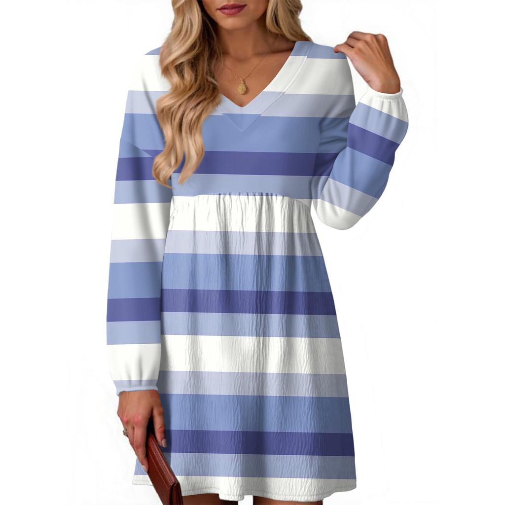 Женское модное платье в полоску с V-образным вырезом и длинными рукавами