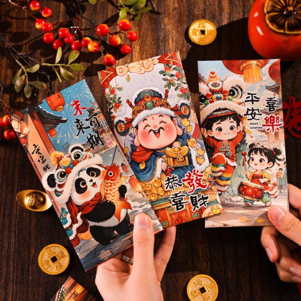 6pcs Traditional New Year Red Envelopes Cartoon Panda Red Packet Lunar New Year Gifts