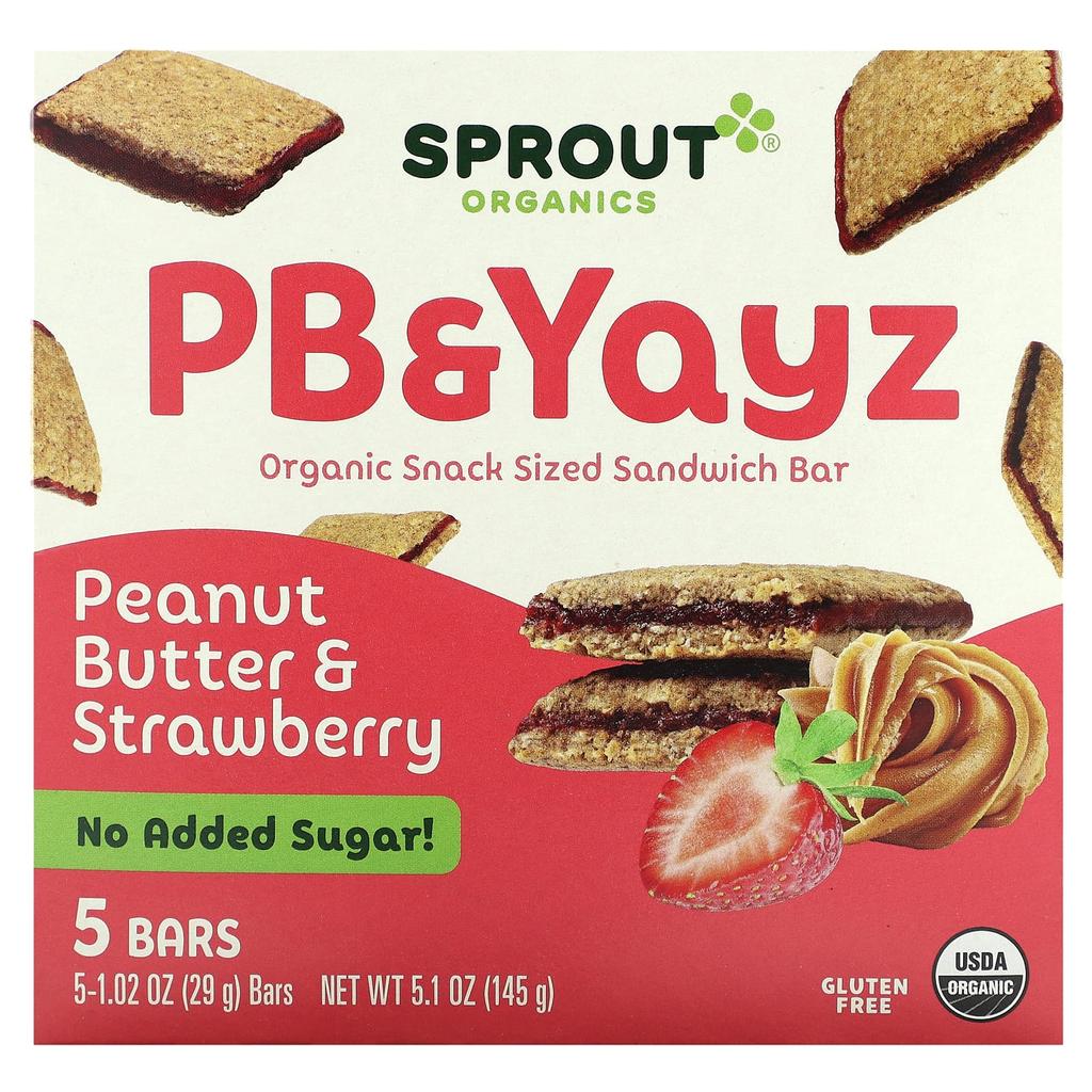 Sprout Organics PB & Yayz, Organic Snacking Sandwich Bars, Peanut Butter and Strawberry Flavor, 5 Bars, 1.02 Oz (29 G) Each