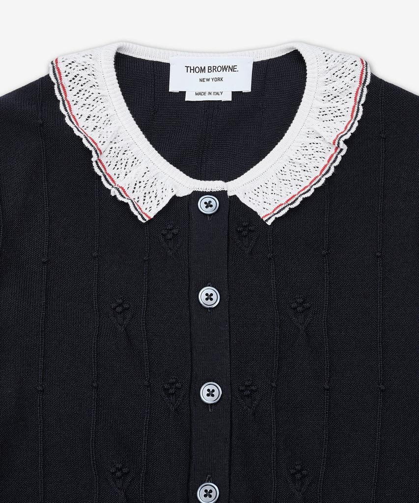 Thom Browne Merino Wool Bobble Stitch Lace Trim Cardigan - Navy / Fkc697By1051415
