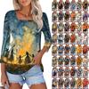 Shirt For Women's Fashion Casual Square Neck 3/4 Sleeve Loose Halloween Printed T-Shirt Ladies Top