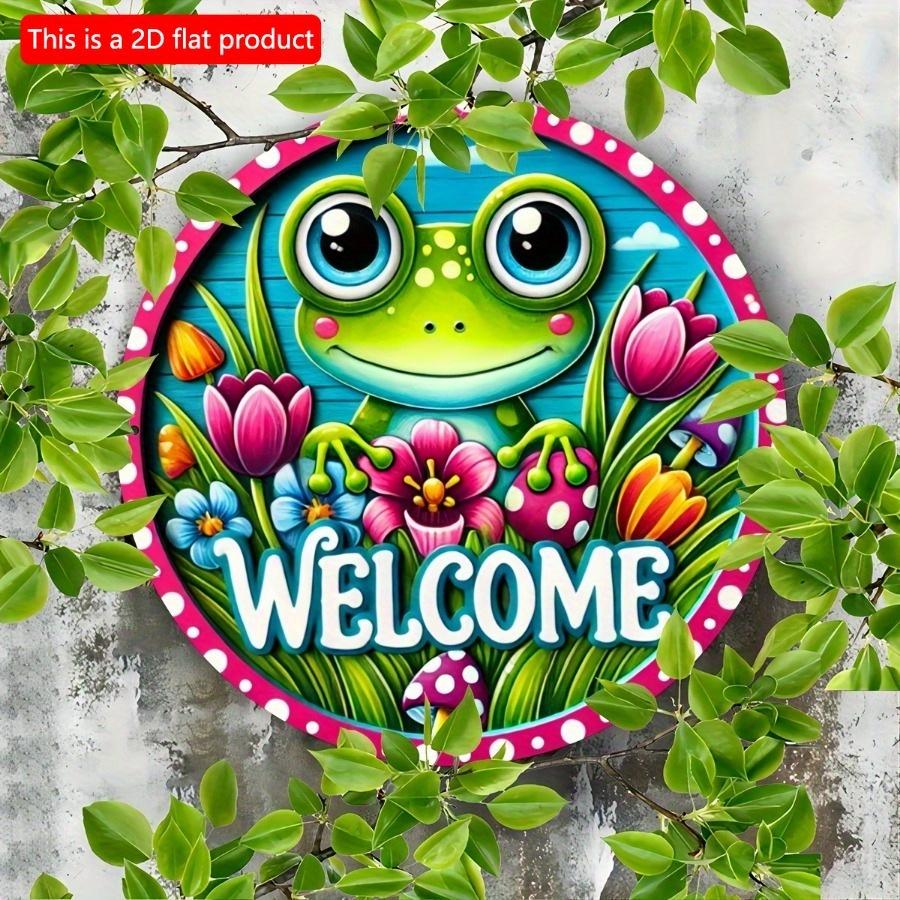 1 шт. 2d плоский деревянный знак - 20 см круглый приветственный знак с милой лягушкой и цветочной гирляндой для декора входной двери, металлический венок знак для домашнего сада