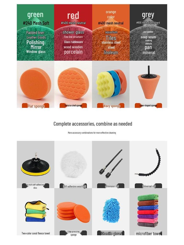 Комплект для чистки автомобилей: Набор из 17 предметов с щеткой-насадкой для дрели, колесной щеткой, щелевой щеткой, губкой, перчаткой для интерьера и экстерьера.