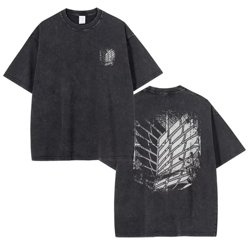 Eren Jaeger D Tshirt retro washed anime TTitan AAttack Tshirt Unisexga Shingeki no Kyojin Levi Mikasa short sleeved top