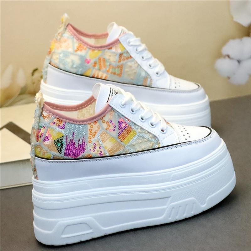 Fashion 12CM Air Mesh Denim Genuine Leather Synthetic Loafer Vulcanize Chunky Sneaker Mixed Color Women Summer Moccasins Shoes