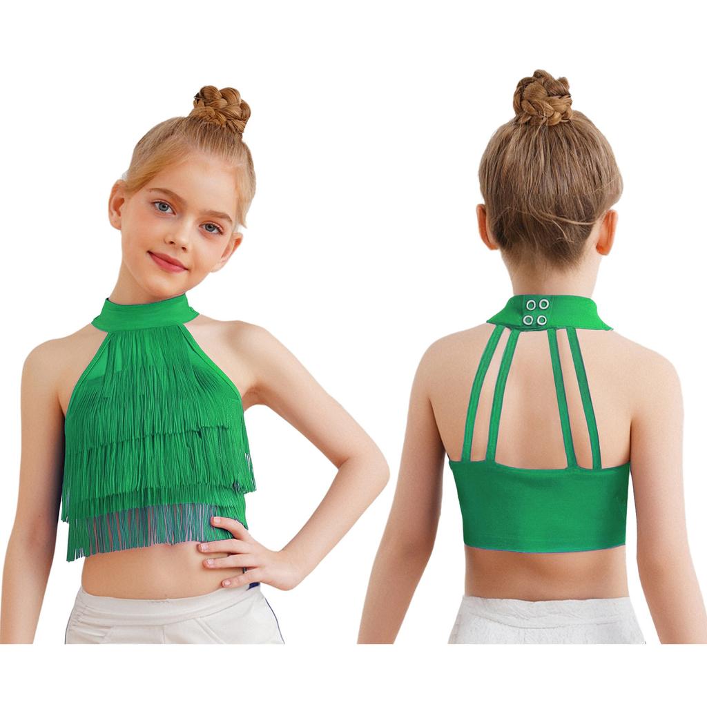 Девочки Сальса Латинские Танцы Укороченный Топ: Безрукавка с бахромой и ремешками на спине с многоярусной бахромой для соревнований