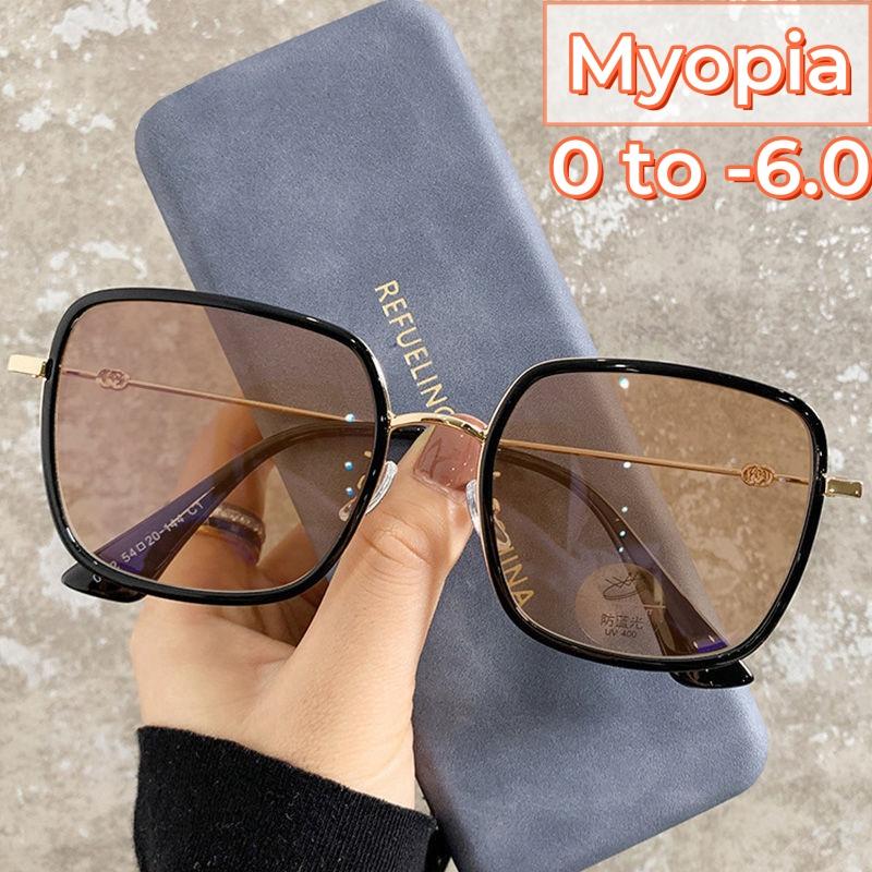 Trendy Color Changing Men Women Diopter Eyeglasses Photochromic Near Sight Glasses Sky Blue Big Frame Anti-blue Myopia Glasses