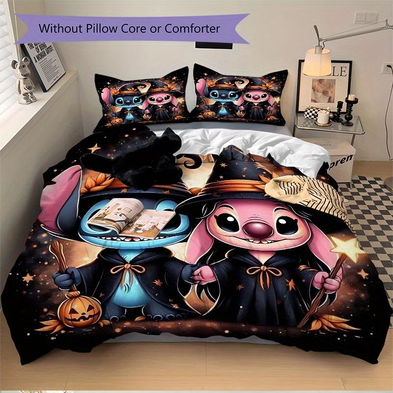 3pcs Stitch & Angel Witch Halloween Bedding Set - Includes Quilt Cover and Pillowcases, Suitable for All Seasons, Machine Washable - Ideal Gift f