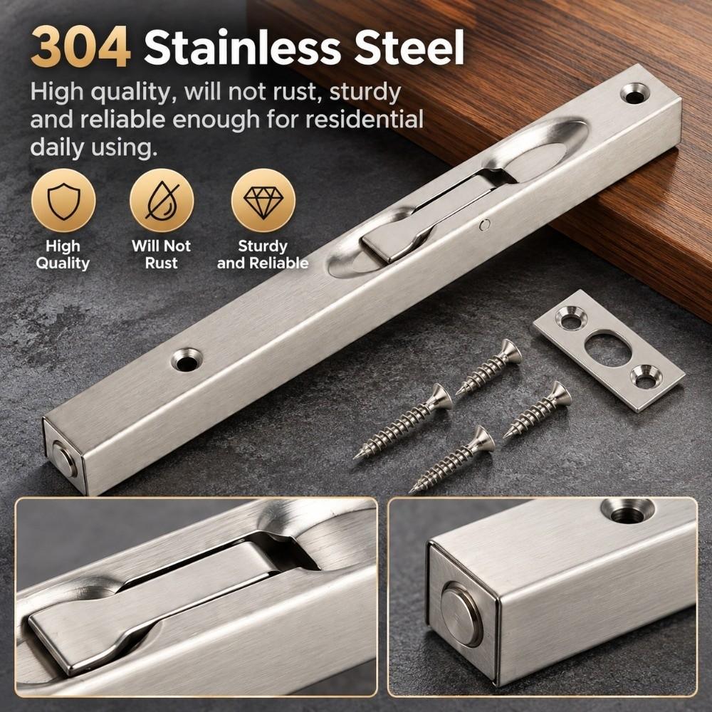 304 Stainless Steel Flush Bolt Lock Solid Door Security Bolt Premium Concealed Slide Lock Bathroom