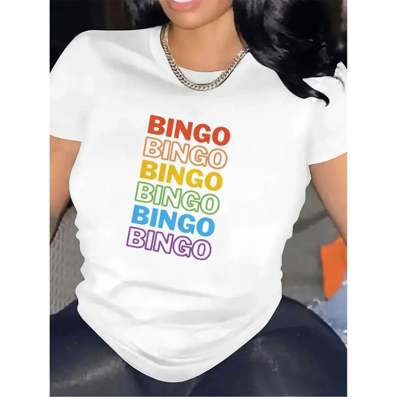 Bingo Print Short Sleeve T-Shirt - Black & White with Colorful Bingo Games Design | Lightweight Round Neck Casual Top
