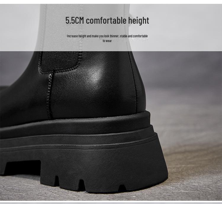 Women's 2024 Spring/Fall Fashionable Thick-Soled Chelsea Boots with Slim Fit and Genuine Leather Thick-Heeled Design