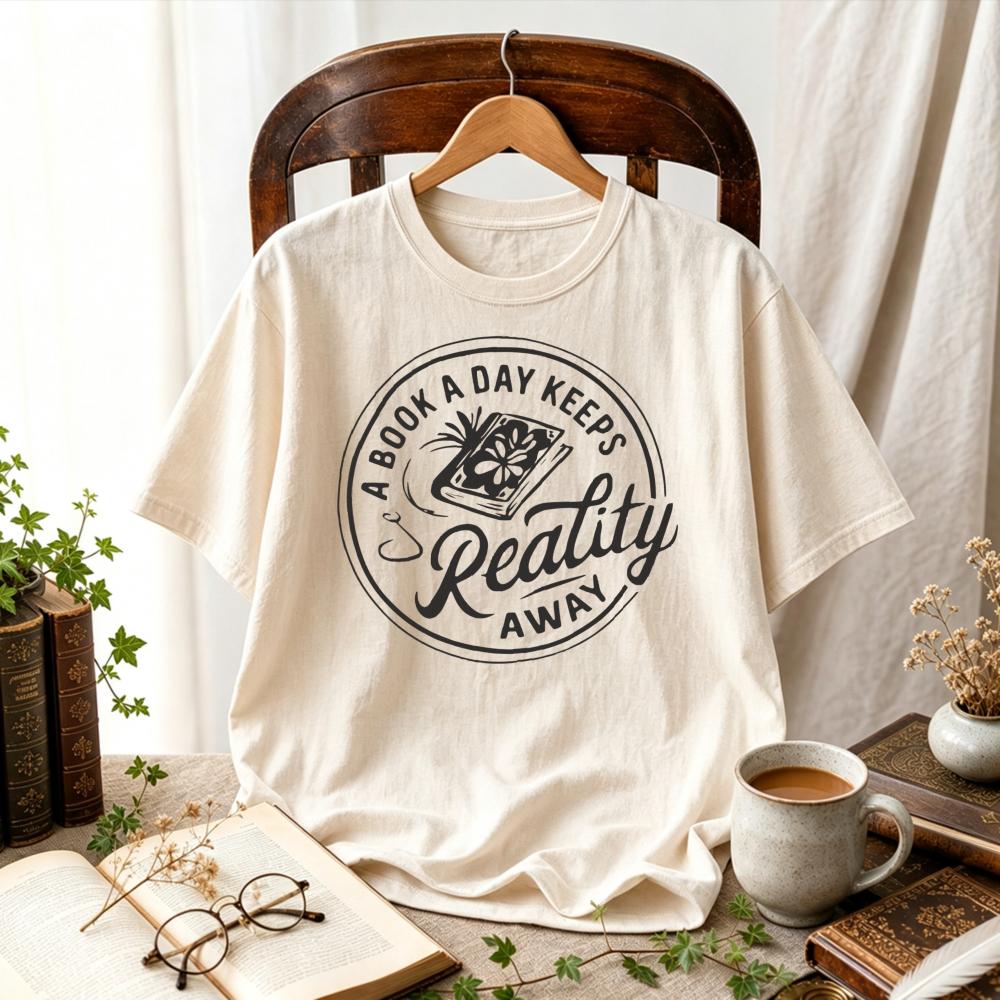 Women A Book A Day Keeps Reality Away Circular Book Graphic TShirt Book Lover Tee Vintage Reading Quote Cottagecore Casual Tops