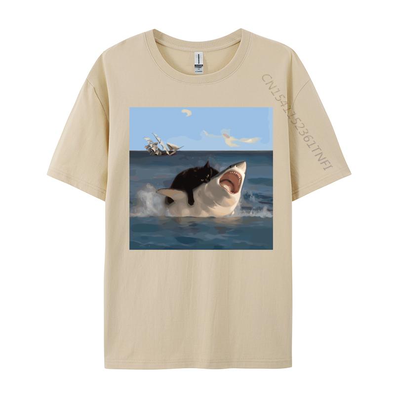 Cat Biting Shark Funny Art and Cat Lover Funny Cat and Shark Printed Cotton Unisex Tops Shirt Normal Hip Hop 2026 Summer TShirt