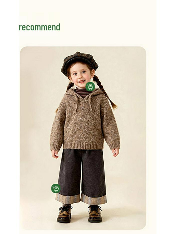 Зимний однотонный худи для девочек 2025 года - Вязаный кардиган из смесовой хлопково-шерстяной пряжи