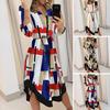 Women's Button Down V-Neck Midi Dress Long Sleeve Lace-Up Printed Dress Summer Casual Outfit for Daily Wear Vacation Club Cocktail Party