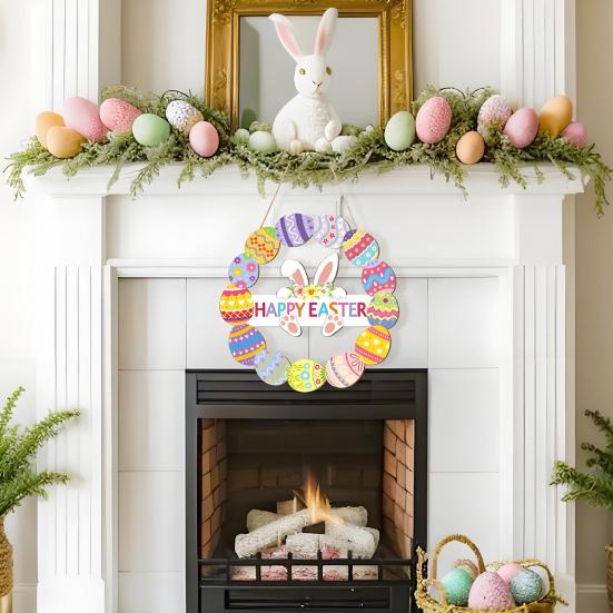 Yousheng Wooden Easter Door Wreath for Front Door Happy Easter Bunny Eggs Porch Sign for Spring Window Wall Hanging Decor