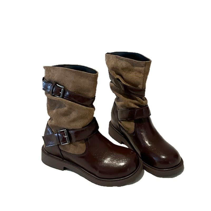 Belt buckle locomotive boots women's new round head medium boots retro style knight boots fashion boots design sense women's boots