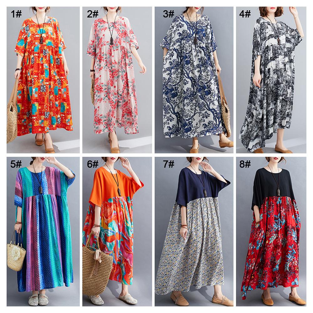 Женское хлопково-льняное платье с цветочным принтом и карманами до середины икры, свободный круглый вырез с короткими рукавами, повседневные размеры больших размеров