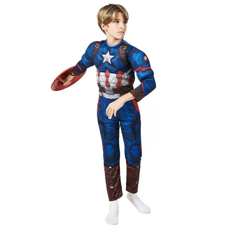 Boys Captain America Muscle Cosplay Outfit, Superhero Halloween Role Play Performance Costume