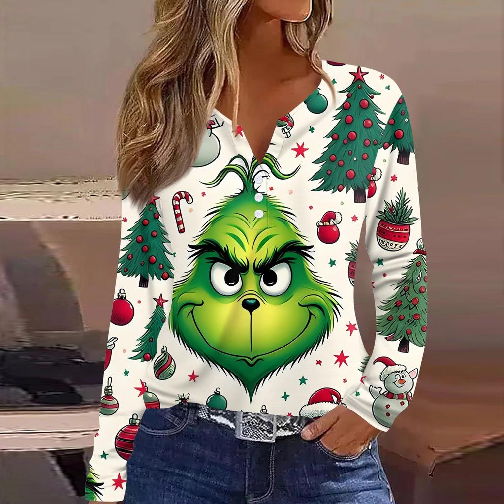 Женская футболка с рождественским принтом на пуговицах с длинным рукавом, повседневная, выходного дня, модная, базовая, с V-образным вырезом, обычная