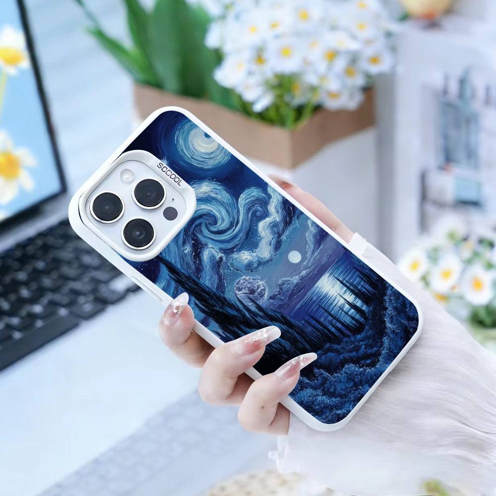 Whimsical landscape Starry Night Phone Case For iPhone17, 16,15,14,13,12 Pro Max Black Candy Matte Shockproof Cover