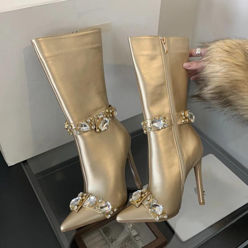 Eilyken Street Style Design CRYSTAL Женские сапоги до колена, сексуальные, с острым носком, на тонком каблуке, на молнии, для стриптиза, зимняя женская обувь