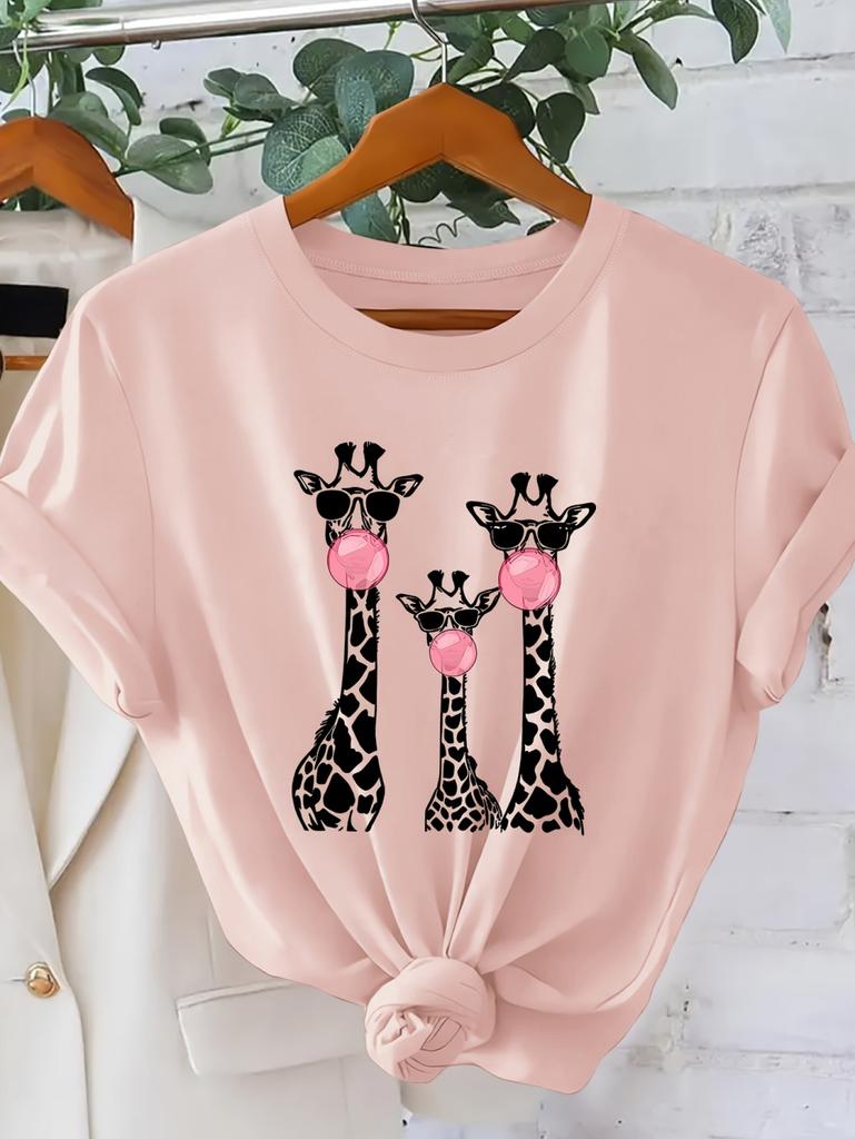 Women's Casual Short Sleeve T-Shirt Vibrant Giraffe Pattern Print Lightweight Summer Round Neck Tops Oversized Clothes for Woman
