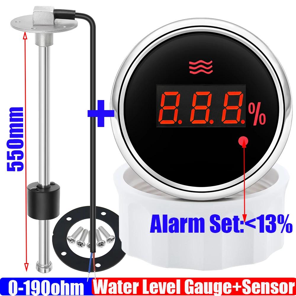 Waterproof 0~100% Digital 52mm Water Level Gauge with Alarm 0-190ohm Water Level Sensor 100-600mm for Car Boat Yacht Custom Red