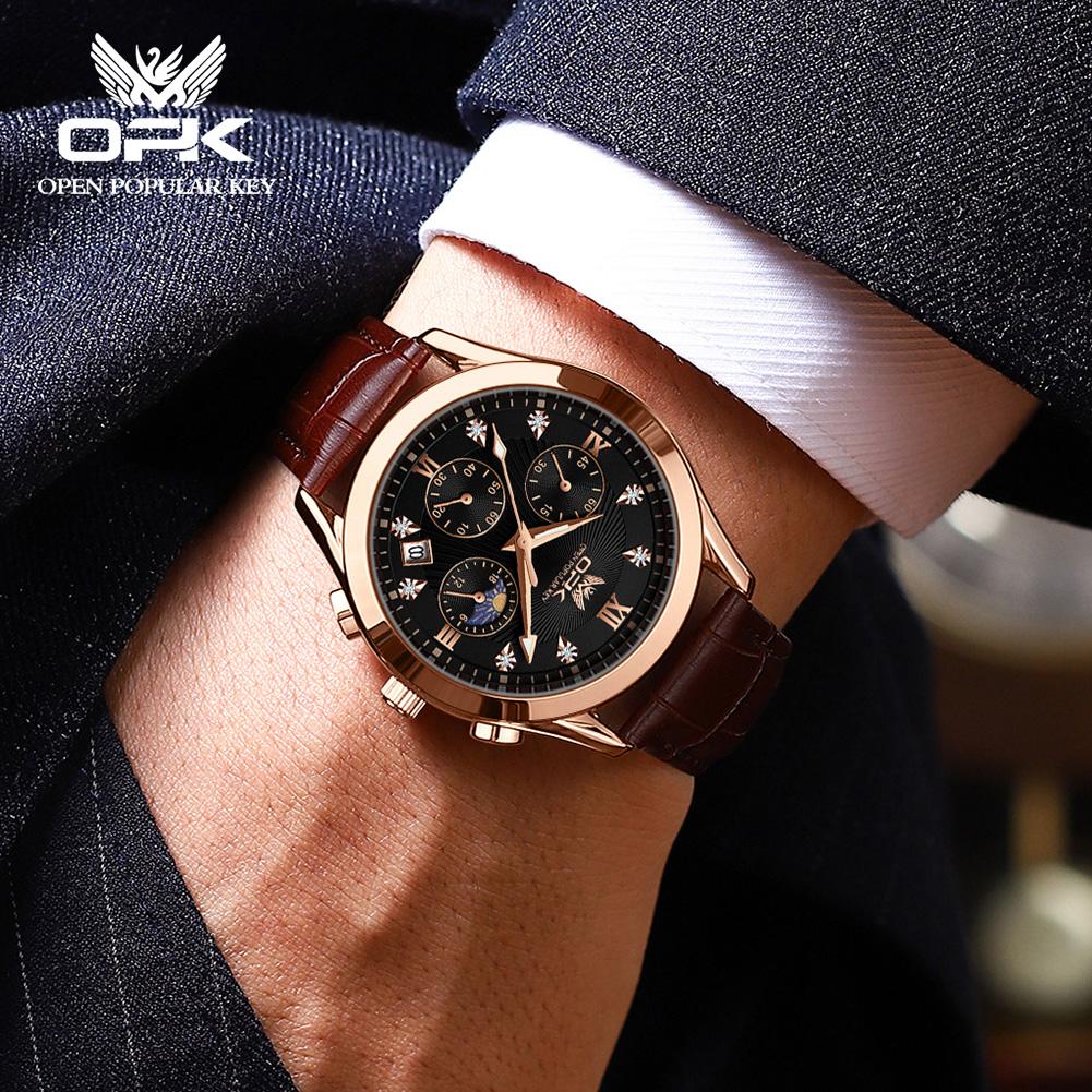 OPK 8162 Fashion Men's Quartz Wristwatch Chronograph Auto Date Luminous Leather Strap Moon Phase Luxury Man Watch
