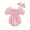Baby Girl 2Pcs Spring Outfits Short Sleeve Plaid Print Smocked Romper with Headband Set Infant Clothes