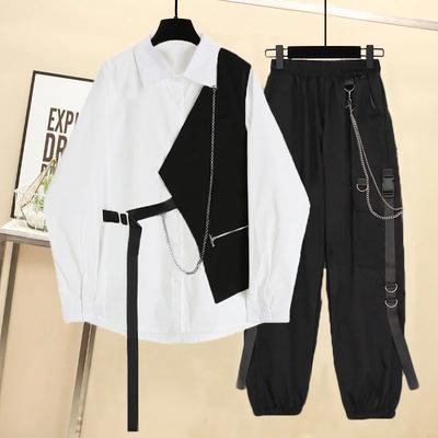 Молодежный весенний свободный красивый костюм топ + рабочие брюки уникальный дизайн комплект