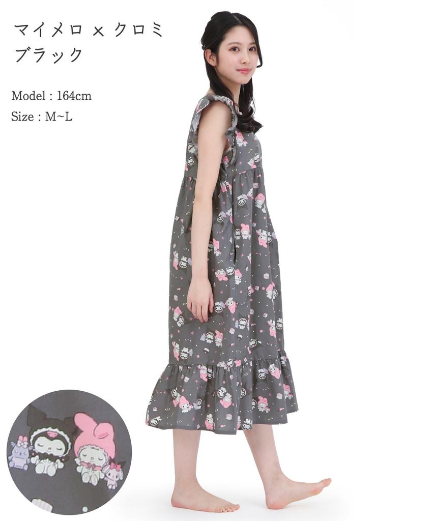 SAZAC Платье-ангел My Melody x Kuromi из хлопка, 100% поплин, женская ночная рубашка/домашняя одежда (Черный/M-L/SAN1948)