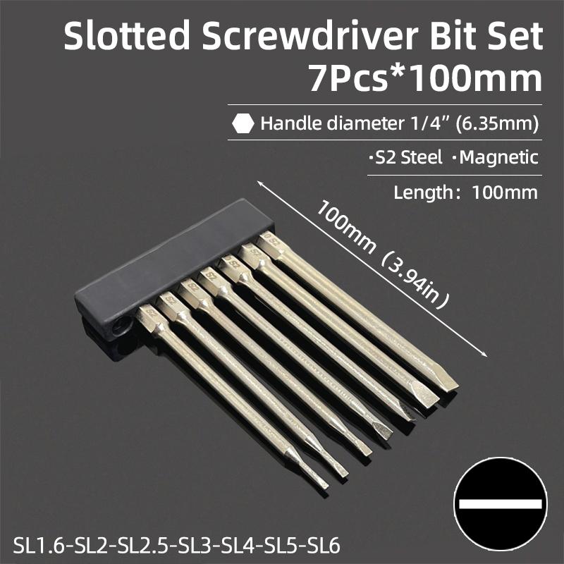 Magnetic Screwdriver Bits Set 100mm Slotted Phillips Torx Square Head Drill Bit 1/4" Hex Shank S2 Steel Screw Driver Hand Tools
