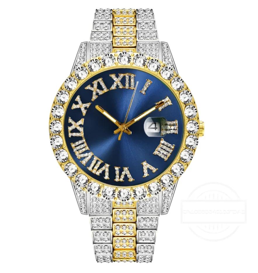 1/2 шт. Браслет для часов в стиле хип-хоп из нержавеющей стали золотого цвета, часы с календарем для мужчин, инкрустированные стразами, мужские часы Reloj Hombre