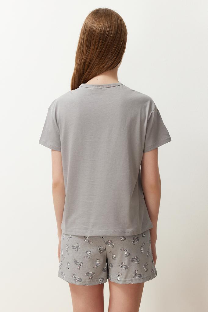 Women's Fashion New Pajama Set Gray Cotton Rabbit Pattern Knitted Pajama Set