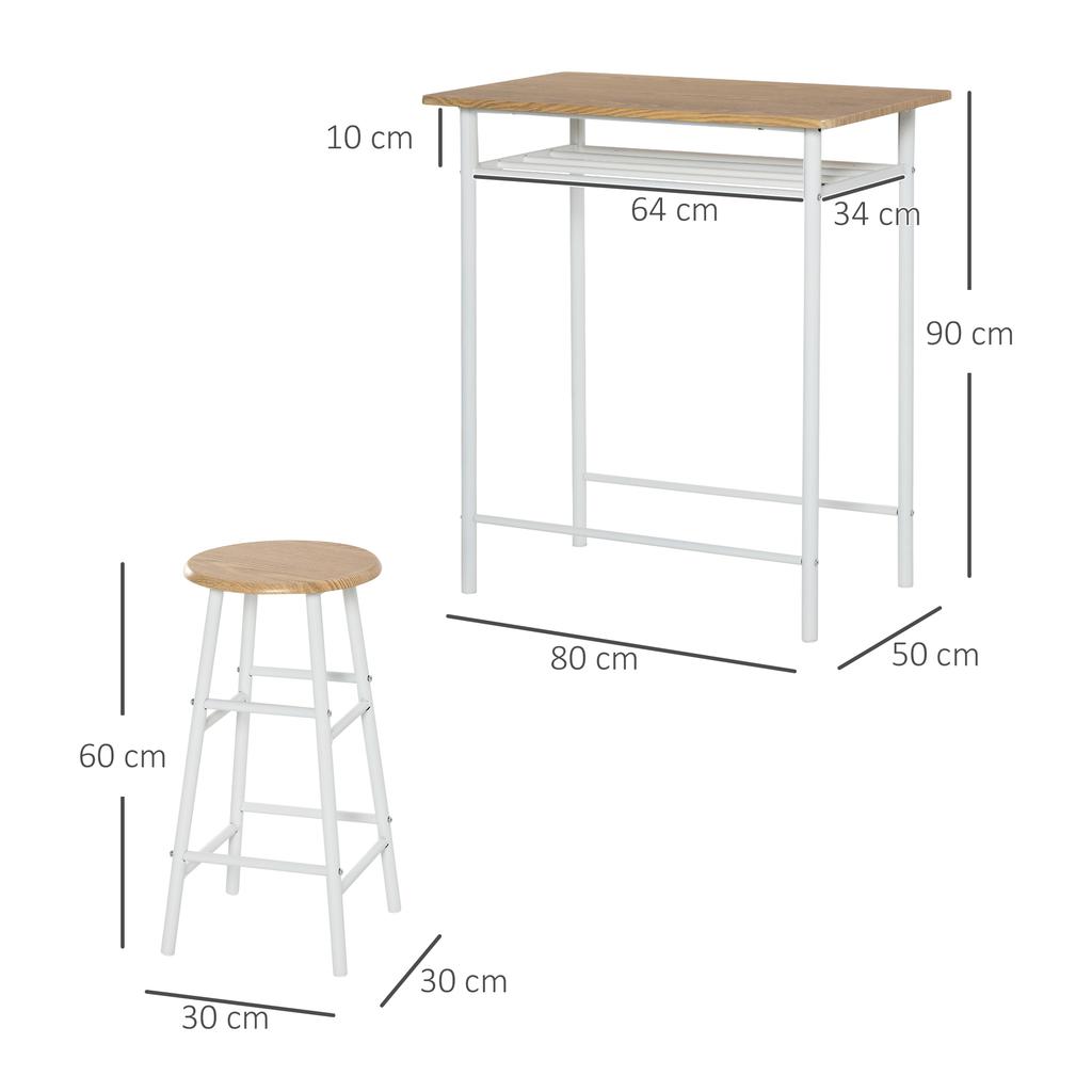 Bar Table Set, Bar Table with 2 Bar Stools, Dining Set, Kitchen Table with Storage Shelf, Dining Table for Dining Room, Kitchen, White